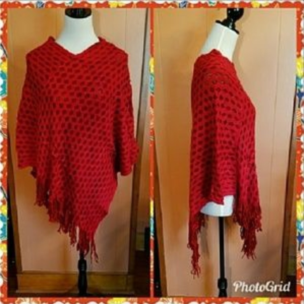 Red/Black Embellished Poncho Sweater